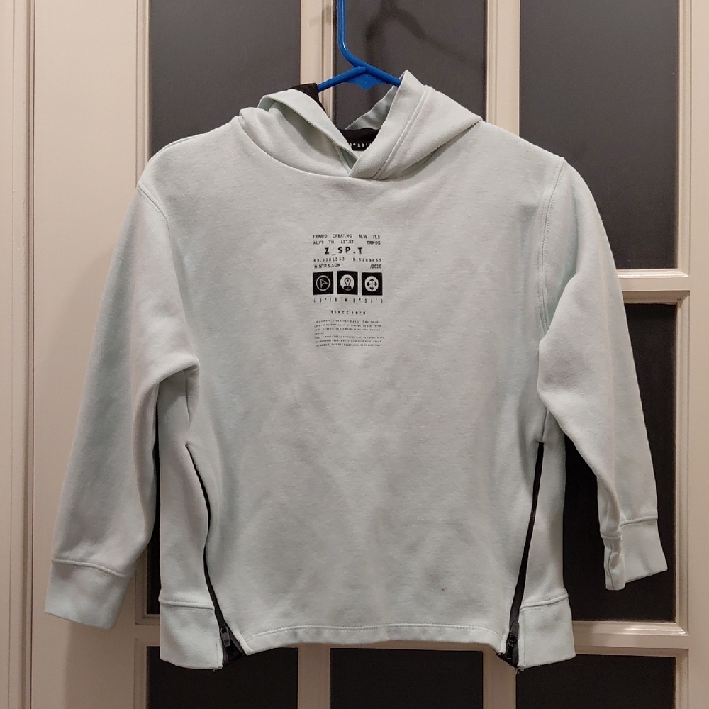"Zara" Light Green Hoodie with Print on the back and hood. There is a small hole